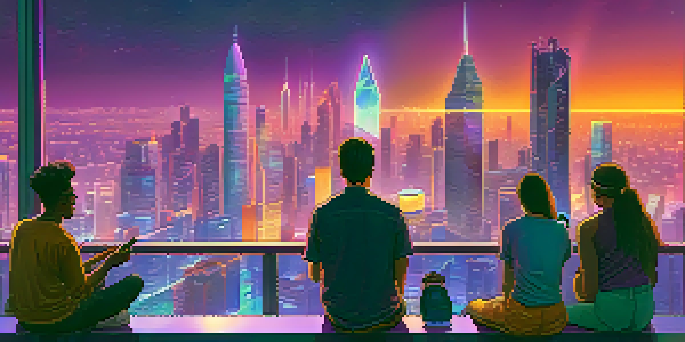 A diverse group of young adults in a futuristic city using smartphones with holographic displays of cryptocurrency values at dusk.