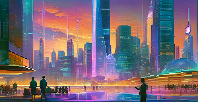 A vibrant futuristic city with people interacting with smartphones and holographic cryptocurrency icons in the foreground during dusk.