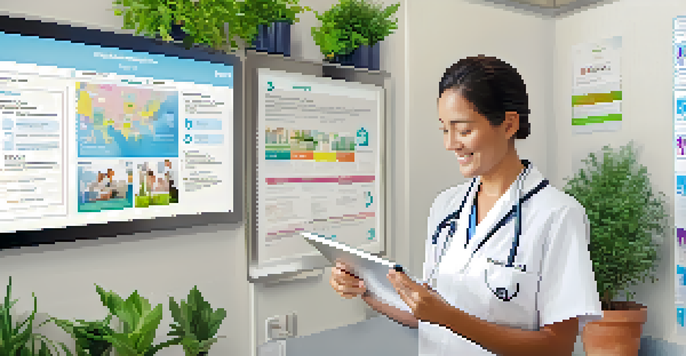 A patient using a tablet to check their health insurance claims status in a bright healthcare setting.