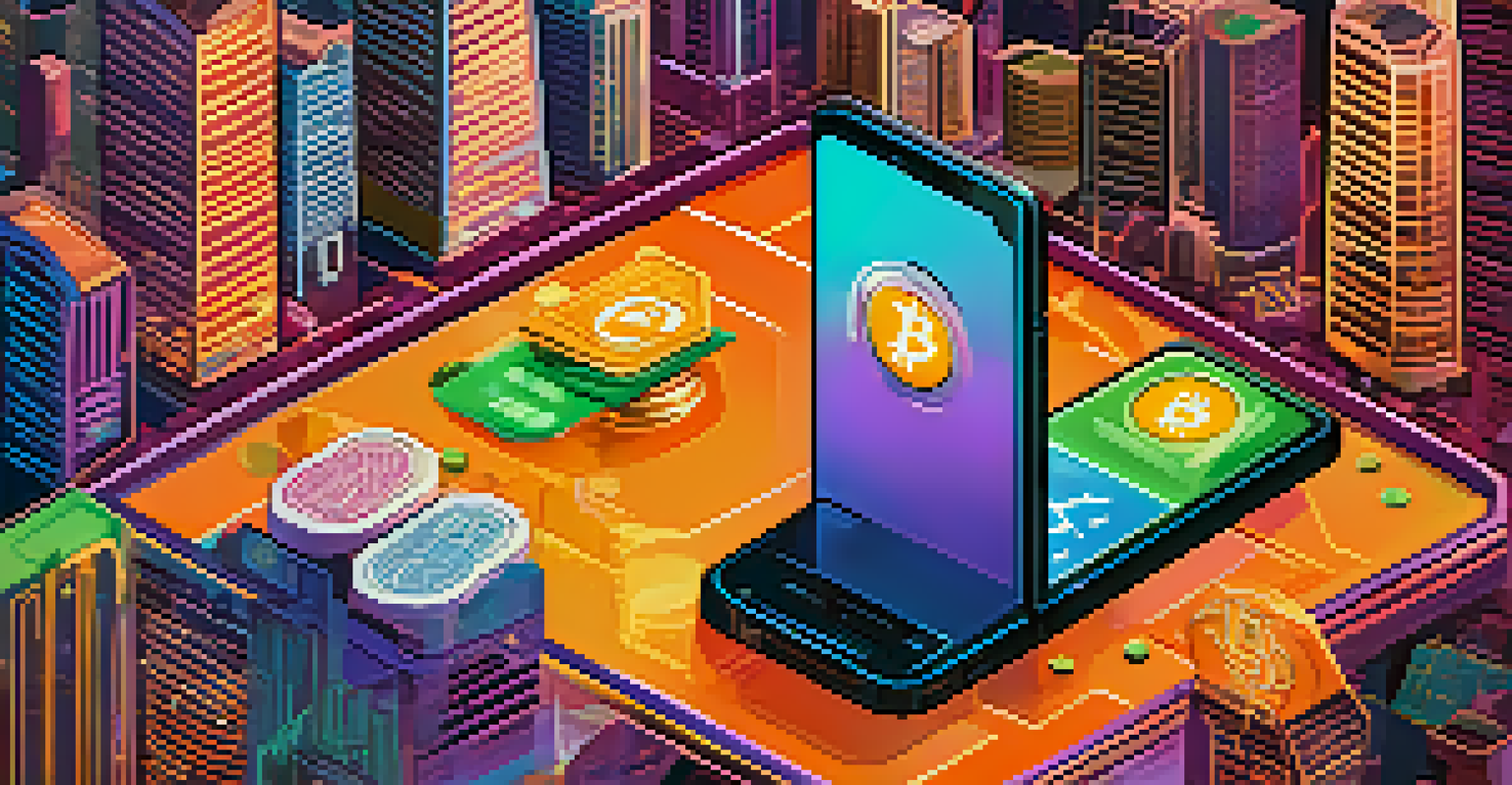 A smartphone displaying a digital wallet interface surrounded by cryptocurrency symbols in front of a vibrant cityscape.