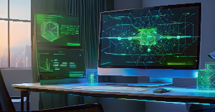 A computer screen displaying a modern blockchain interface with vibrant colors and glowing nodes, set in a futuristic room.