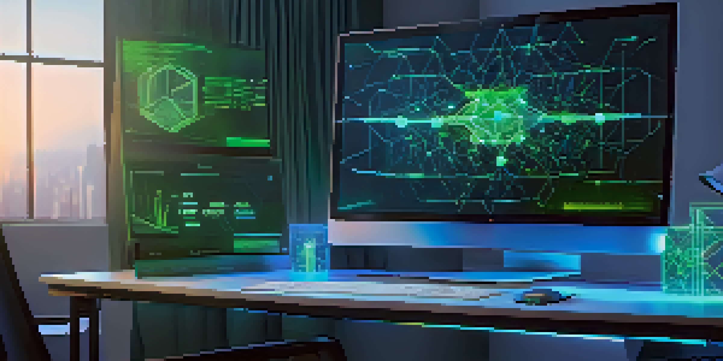 A computer screen displaying a modern blockchain interface with vibrant colors and glowing nodes, set in a futuristic room.