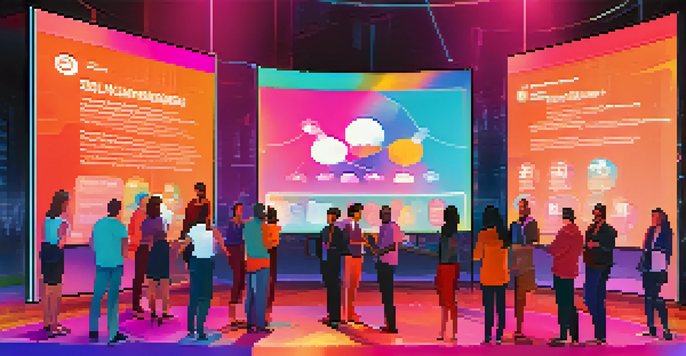 A diverse group of people engaging around a digital display about governance tokens, displaying enthusiasm with a modern backdrop.