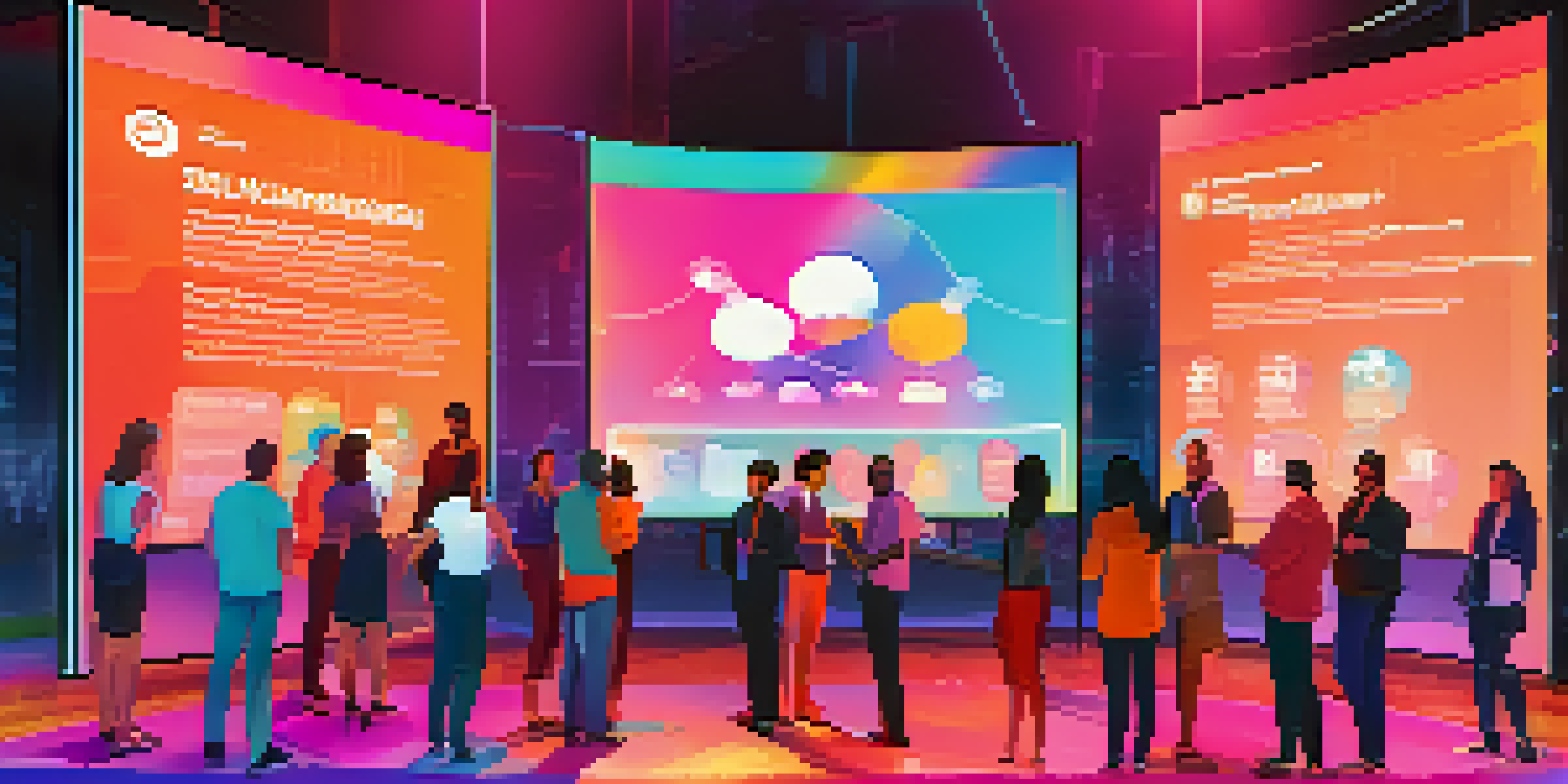 A diverse group of people engaging around a digital display about governance tokens, displaying enthusiasm with a modern backdrop.