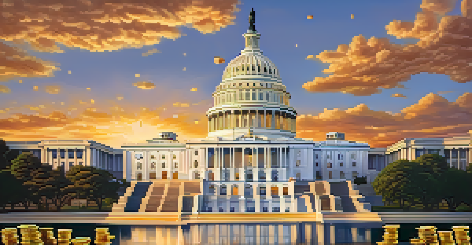 The U.S. Capitol building with digital coins representing cryptocurrency around it, illuminated by a warm sunset sky.