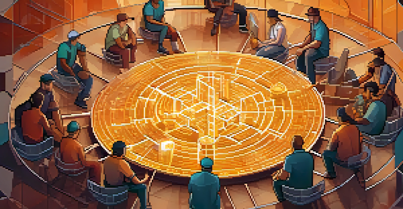 A group of miners holding puzzle pieces, representing decentralization in cryptocurrency, with a digital network in the background.