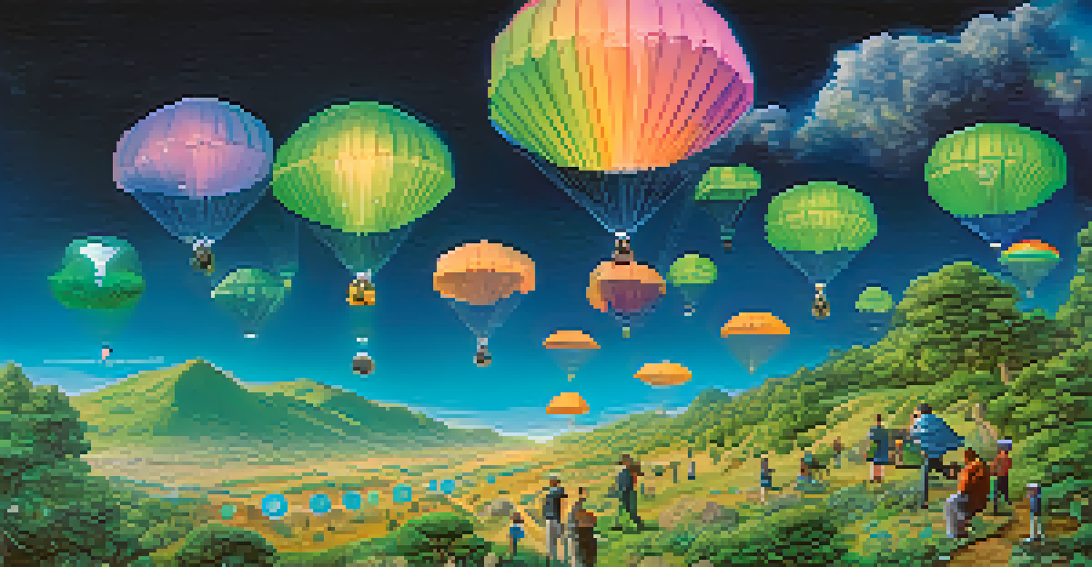 An artistic timeline showcasing the evolution of cryptocurrency airdrops with tokens, community interactions, and planning.