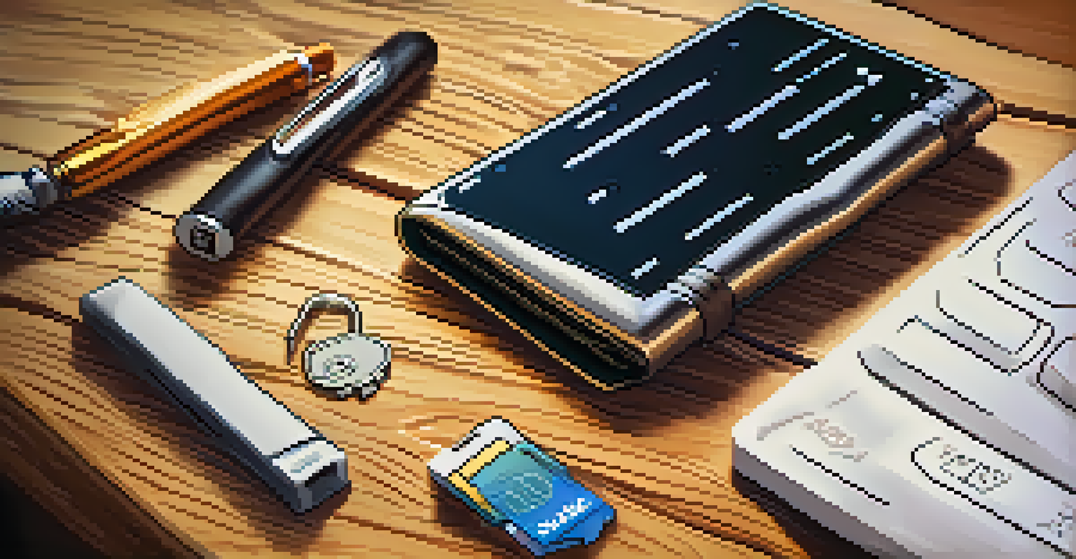 A close-up of a hardware wallet on a desk, surrounded by security tools, conveying a sense of safety in digital asset management.
