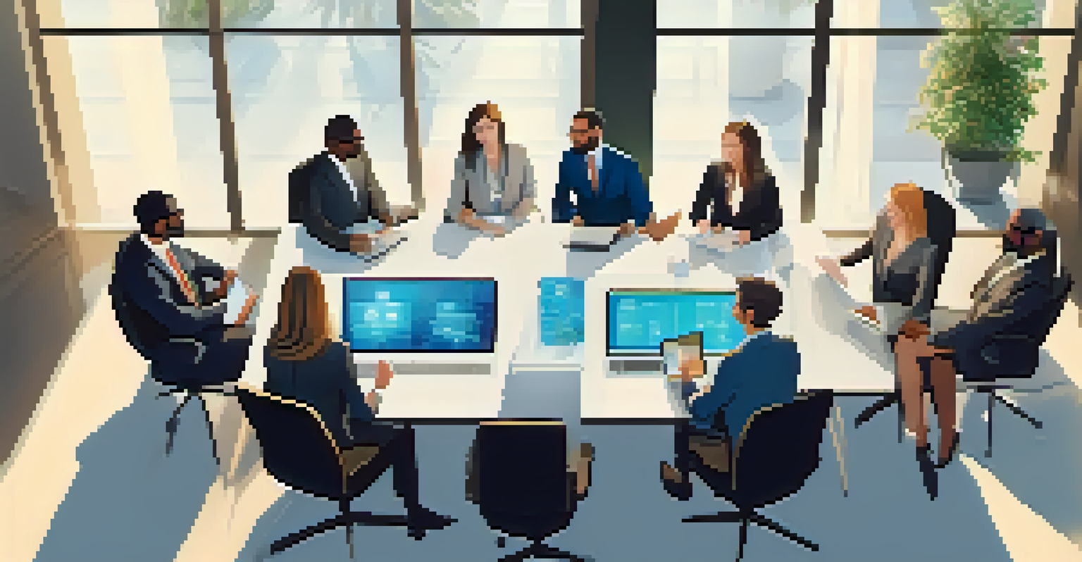 A group of business professionals discussing cryptocurrency at a conference table with a laptop showing a blockchain ledger.