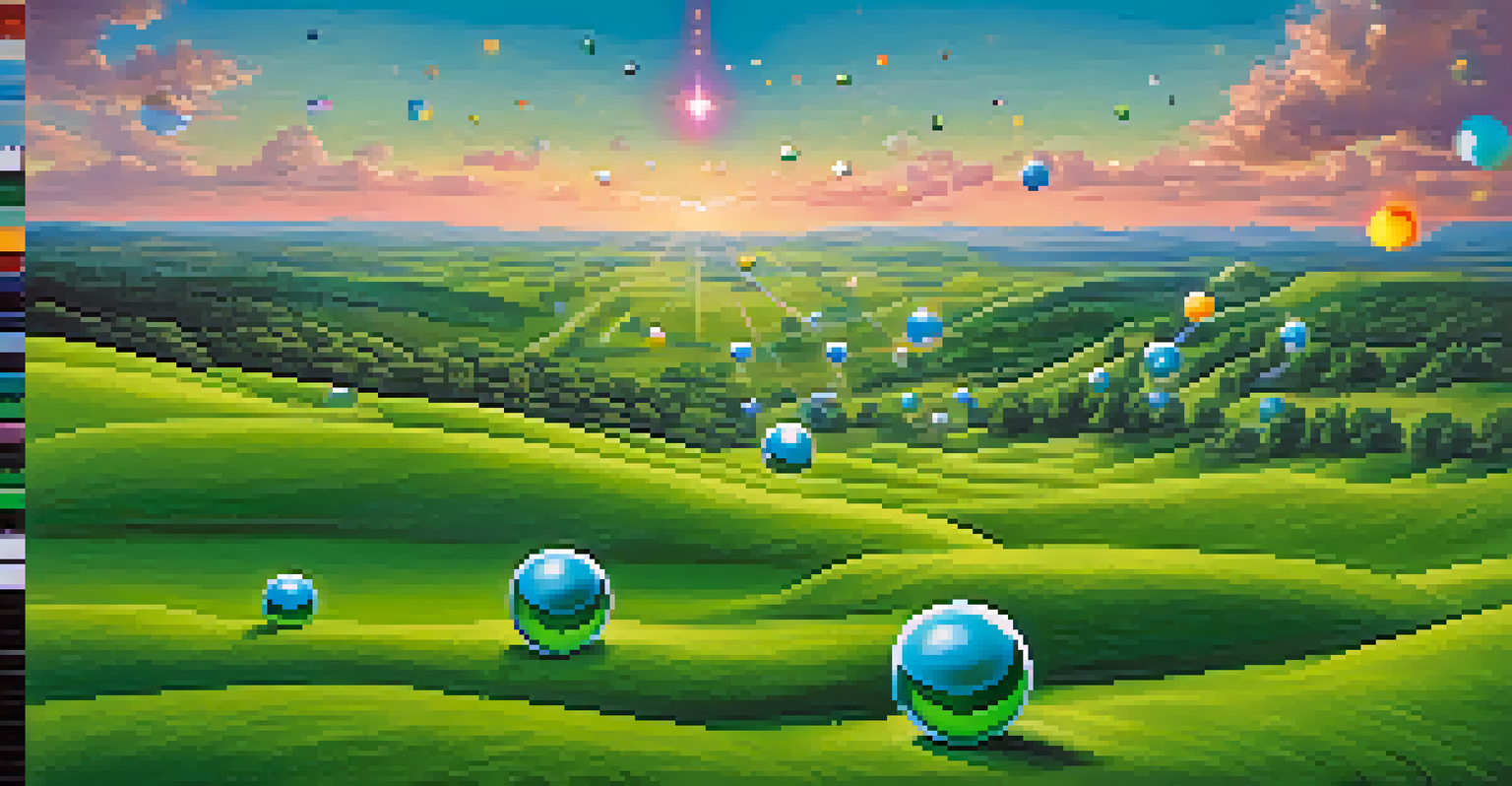 A serene landscape featuring floating orbs symbolizing oracles in a decentralized network, with a lush green field under a bright sky.