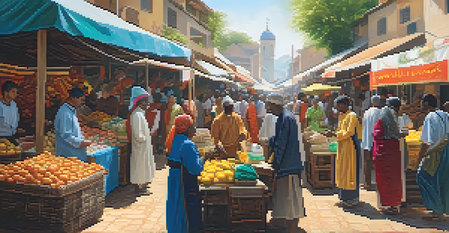 A diverse group of people exchanging goods in a colorful outdoor marketplace.