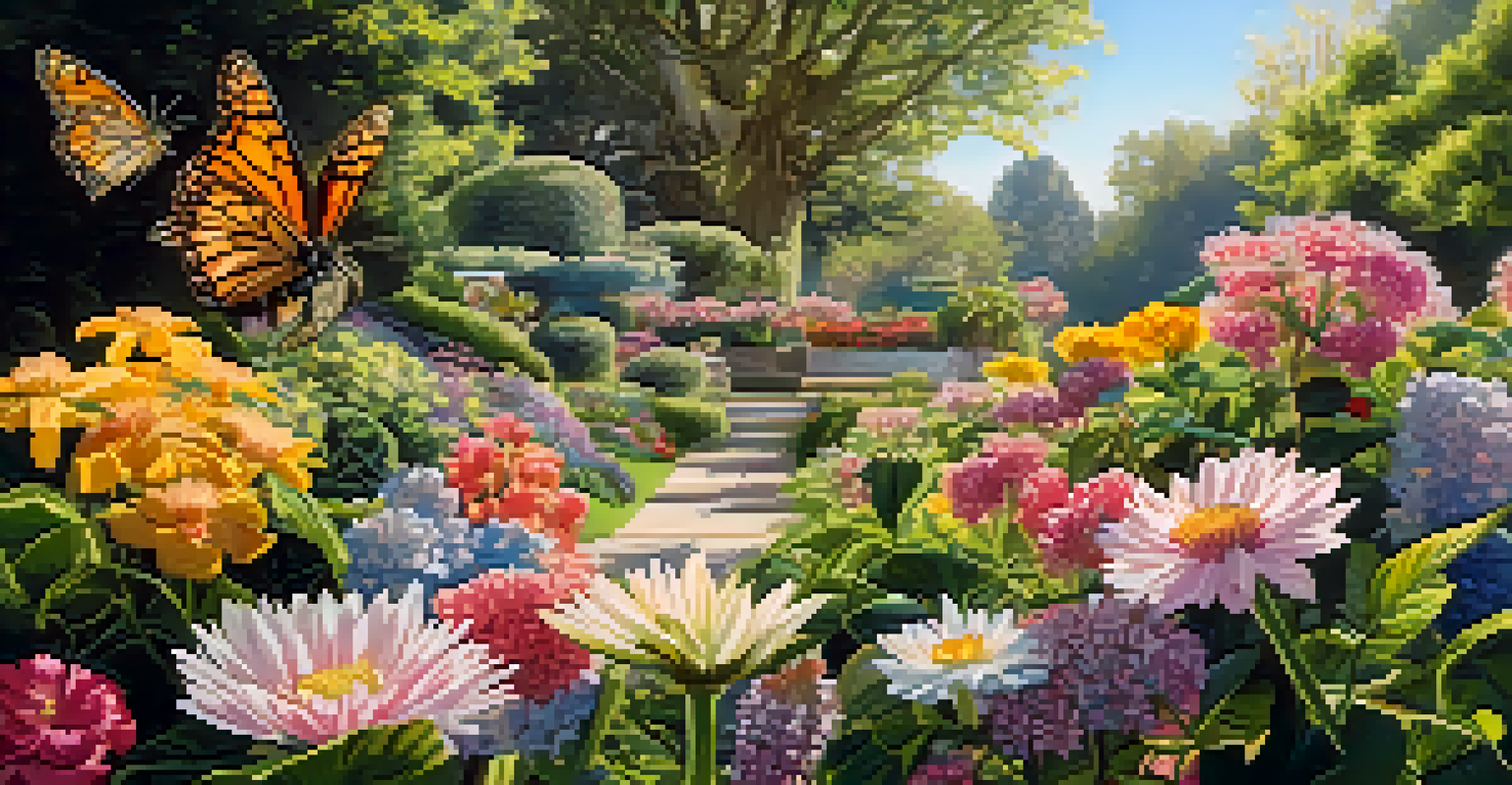 A close-up of a colorful garden with blooming flowers and butterflies, illuminated by sunlight.
