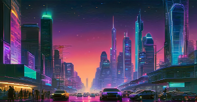 A futuristic city skyline at twilight with neon lights and a busy street filled with pedestrians and electric vehicles.