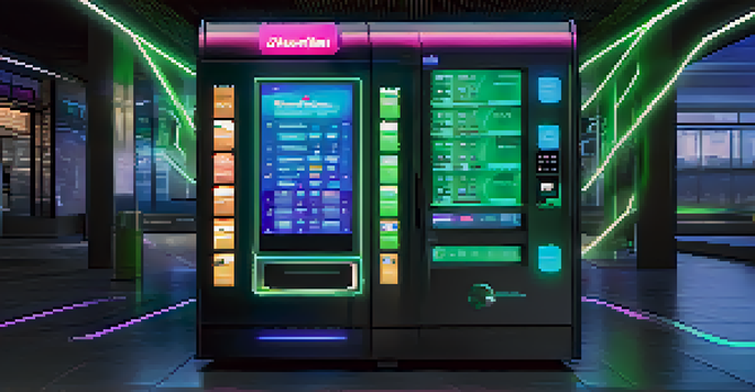 A digital vending machine with smart contract options on a touchscreen in a high-tech environment, illuminated with blue and green colors.