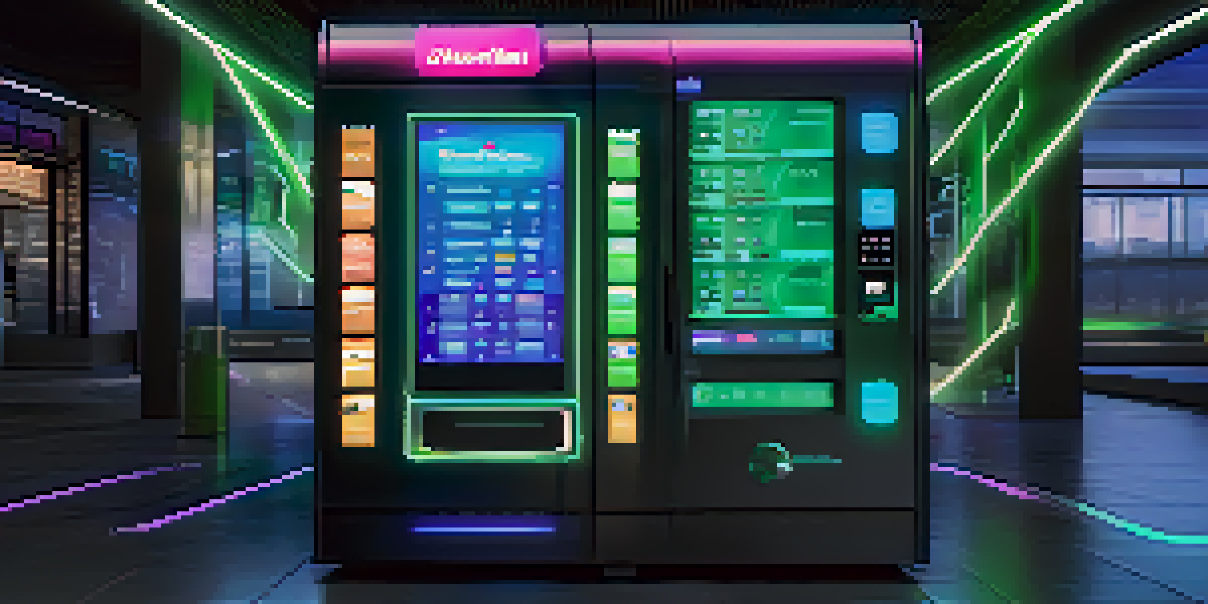 A digital vending machine with smart contract options on a touchscreen in a high-tech environment, illuminated with blue and green colors.