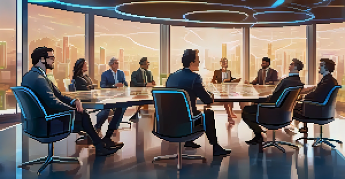 A group of diverse investors discussing cryptocurrency tokens in a modern conference room with technology and charts on display.