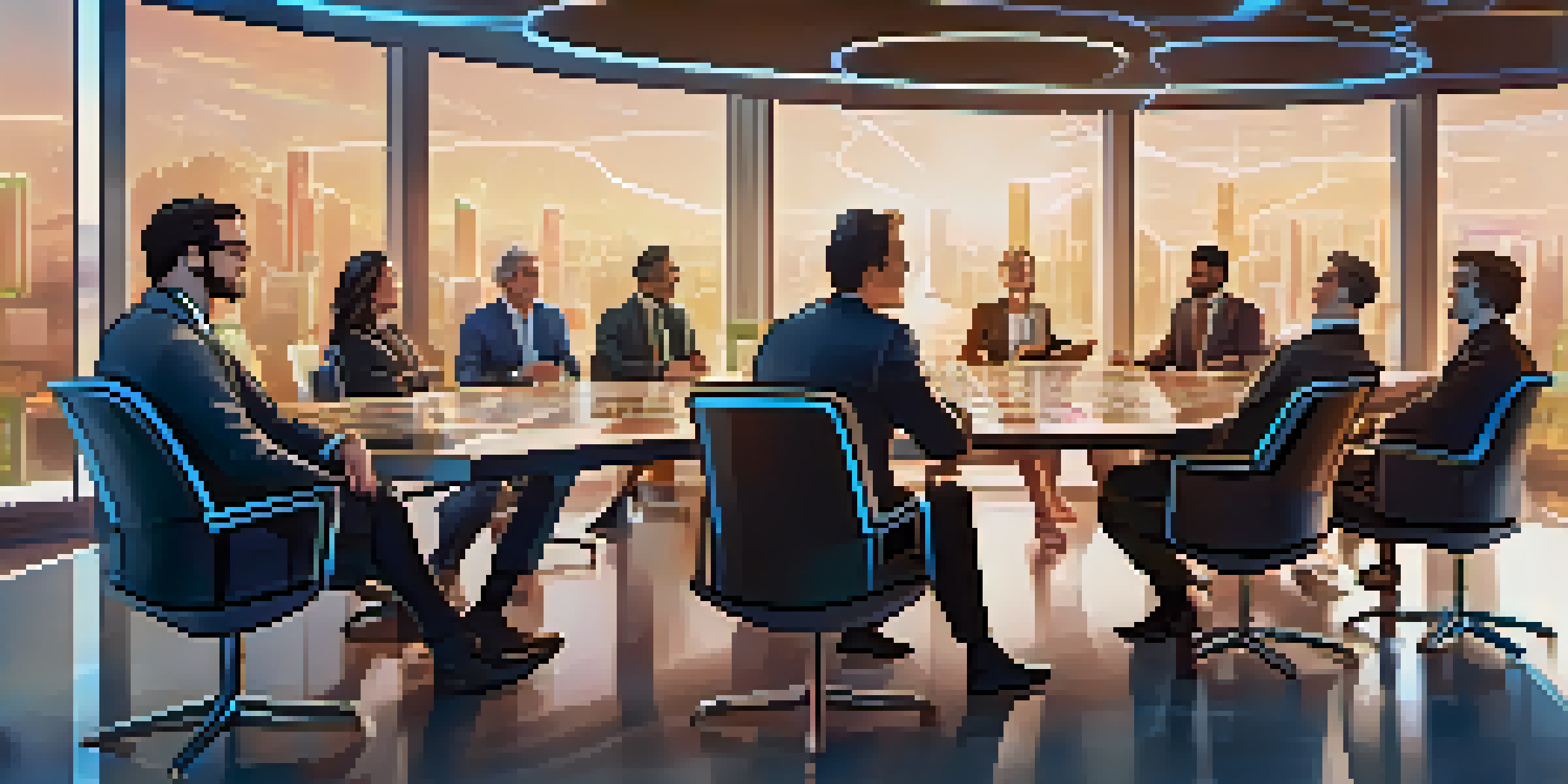 A group of diverse investors discussing cryptocurrency tokens in a modern conference room with technology and charts on display.