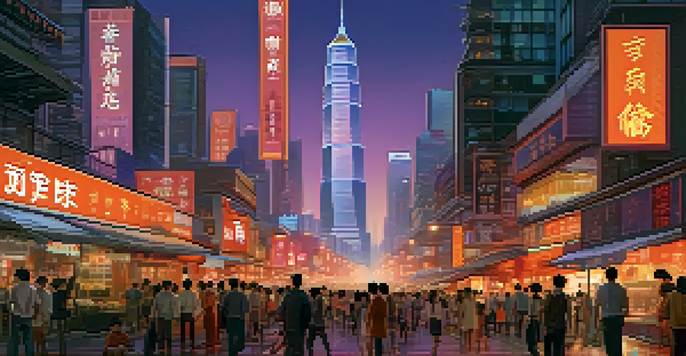 A city skyline featuring a mix of traditional and modern architecture at dusk with people walking on the street and digital ads.