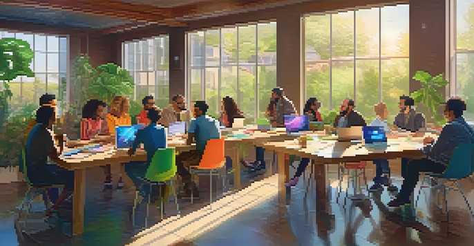 A diverse group of people collaborating on a cryptocurrency project, surrounded by laptops and colorful charts in a bright room.