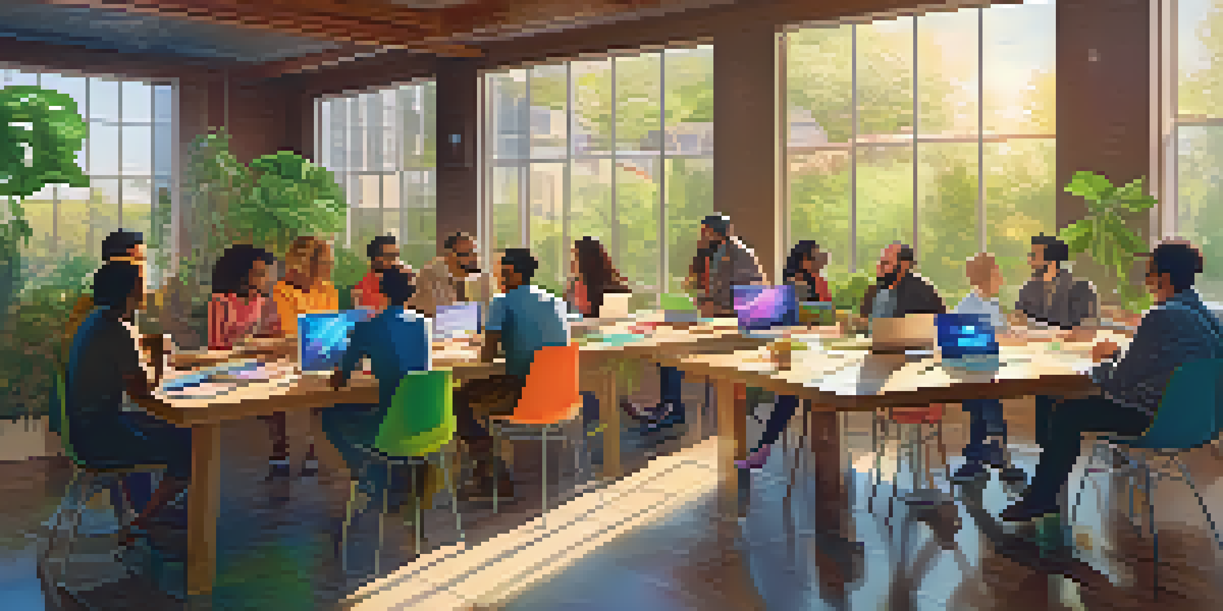 A diverse group of people collaborating on a cryptocurrency project, surrounded by laptops and colorful charts in a bright room.