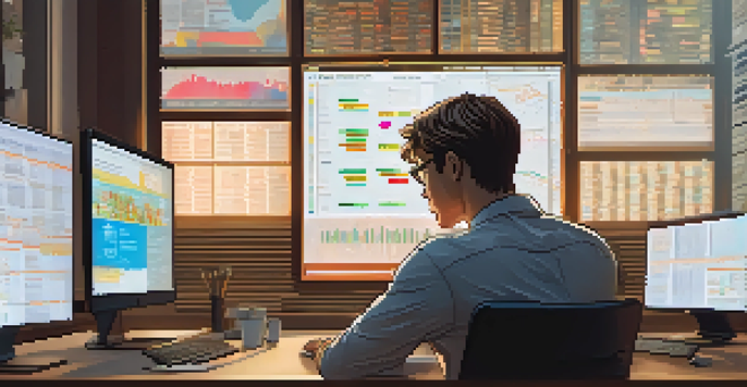 A worried individual reviewing cryptocurrency documents at a desk with multiple screens showing charts and warning signs.