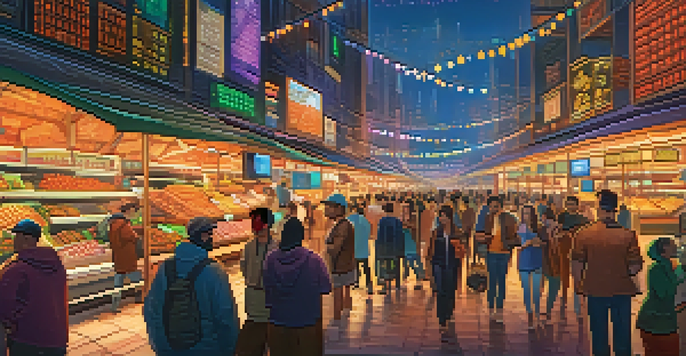 A diverse group of people trading cryptocurrency in a lively market with digital screens showing prices.