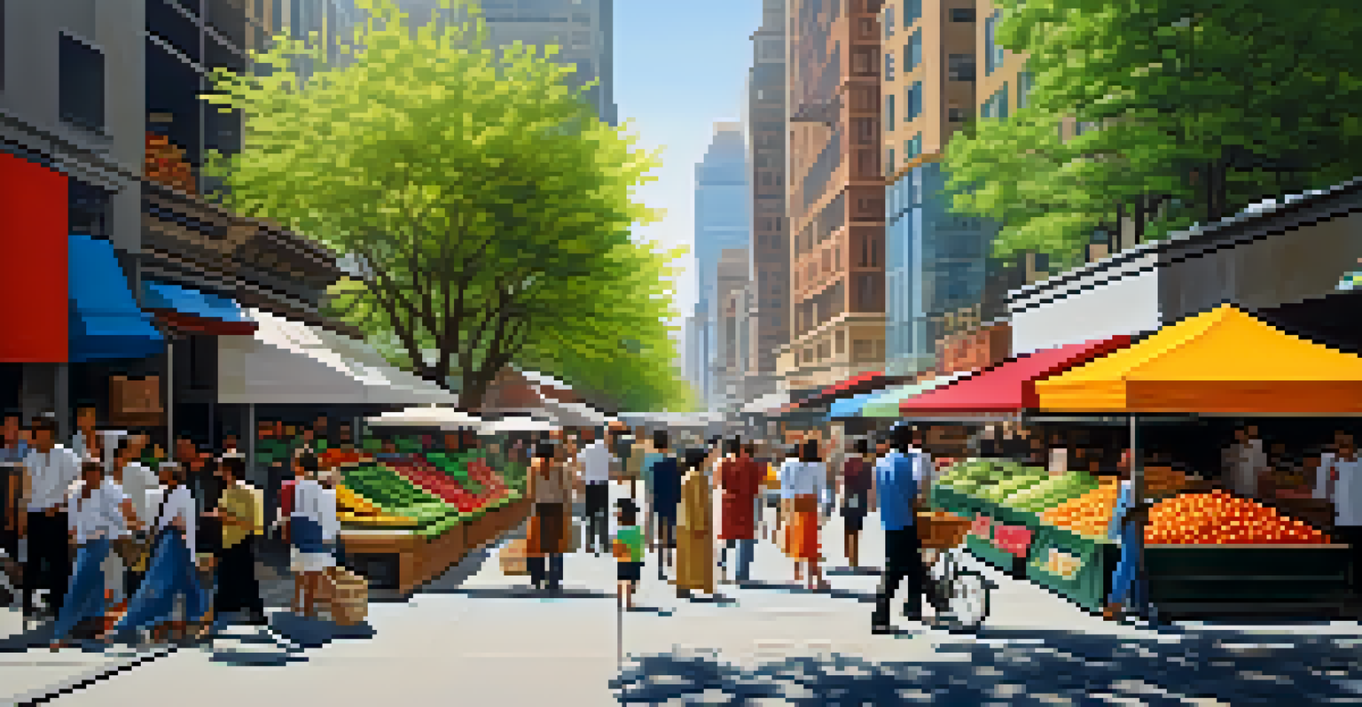 A busy urban street scene with pedestrians, bicycles, and street vendors amidst modern buildings.
