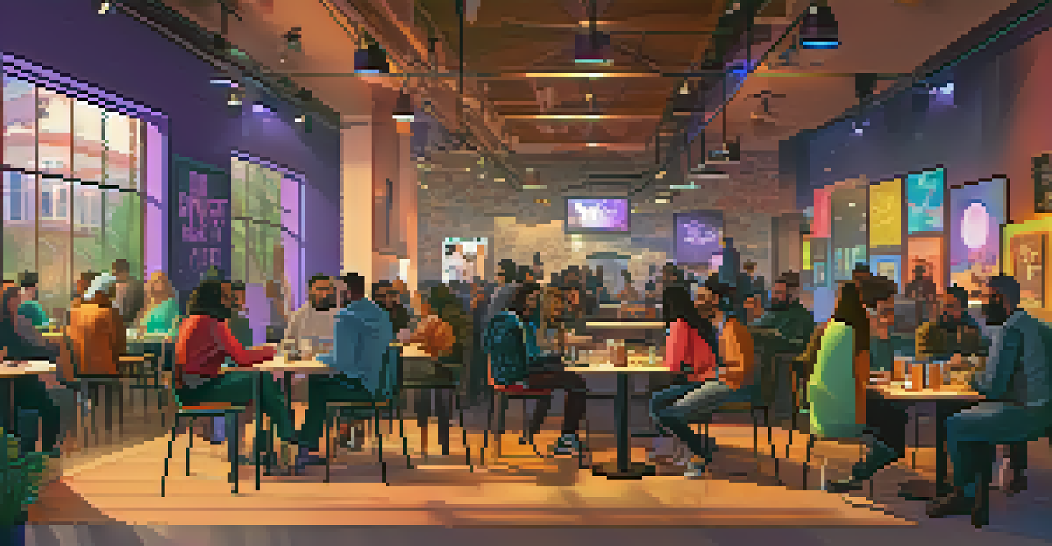 A community meetup in a cozy café where diverse individuals discuss NFTs, with laptops and digital art on the table.