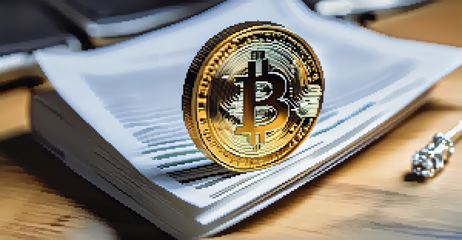 Close-up of a Bitcoin coin on legal documents, with a gavel and scales of justice in the blurred background.