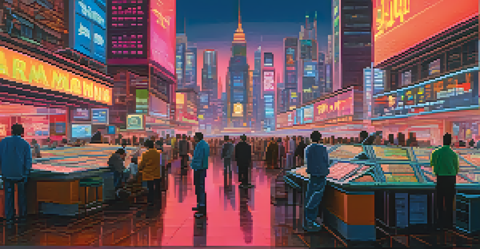 A futuristic cityscape representing automated market makers with buildings as liquidity pools and neon lights.
