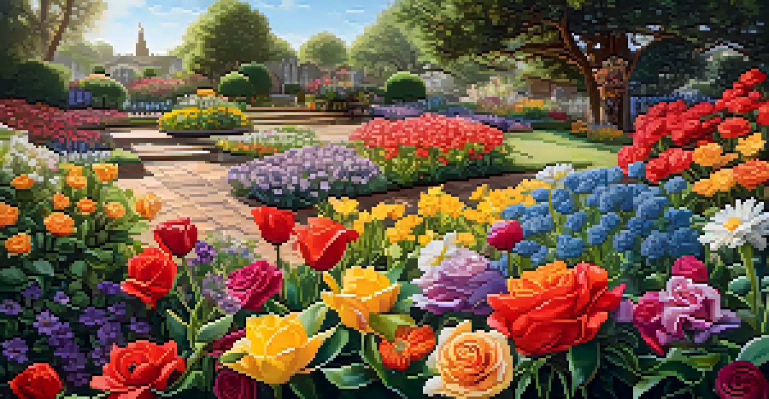 A close-up view of a colorful flower garden with bees and butterflies among the blooms.