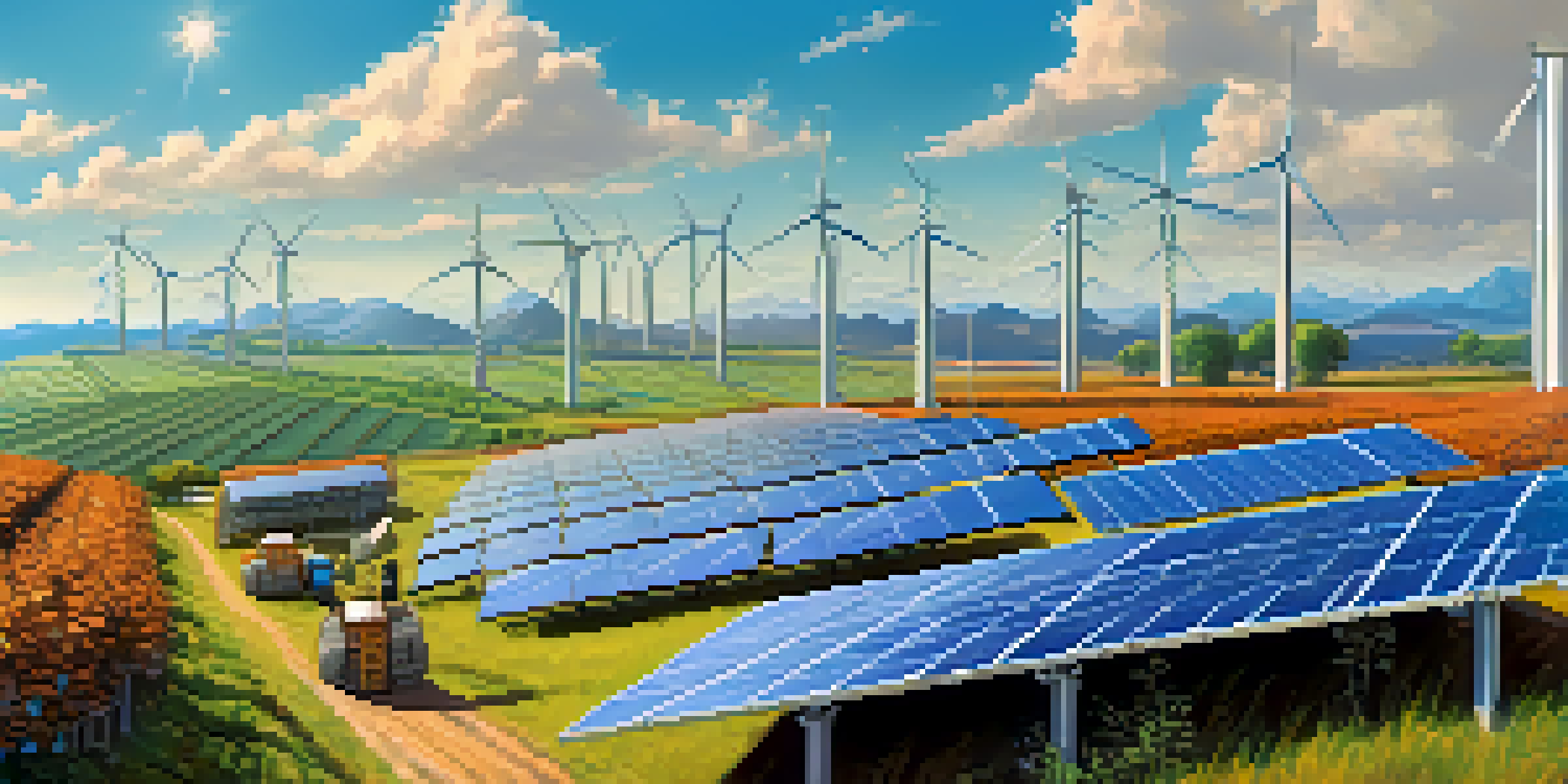 A solar-powered crypto mining farm with solar panels, miners working on energy-efficient hardware, and wind turbines in a green landscape under a blue sky.
