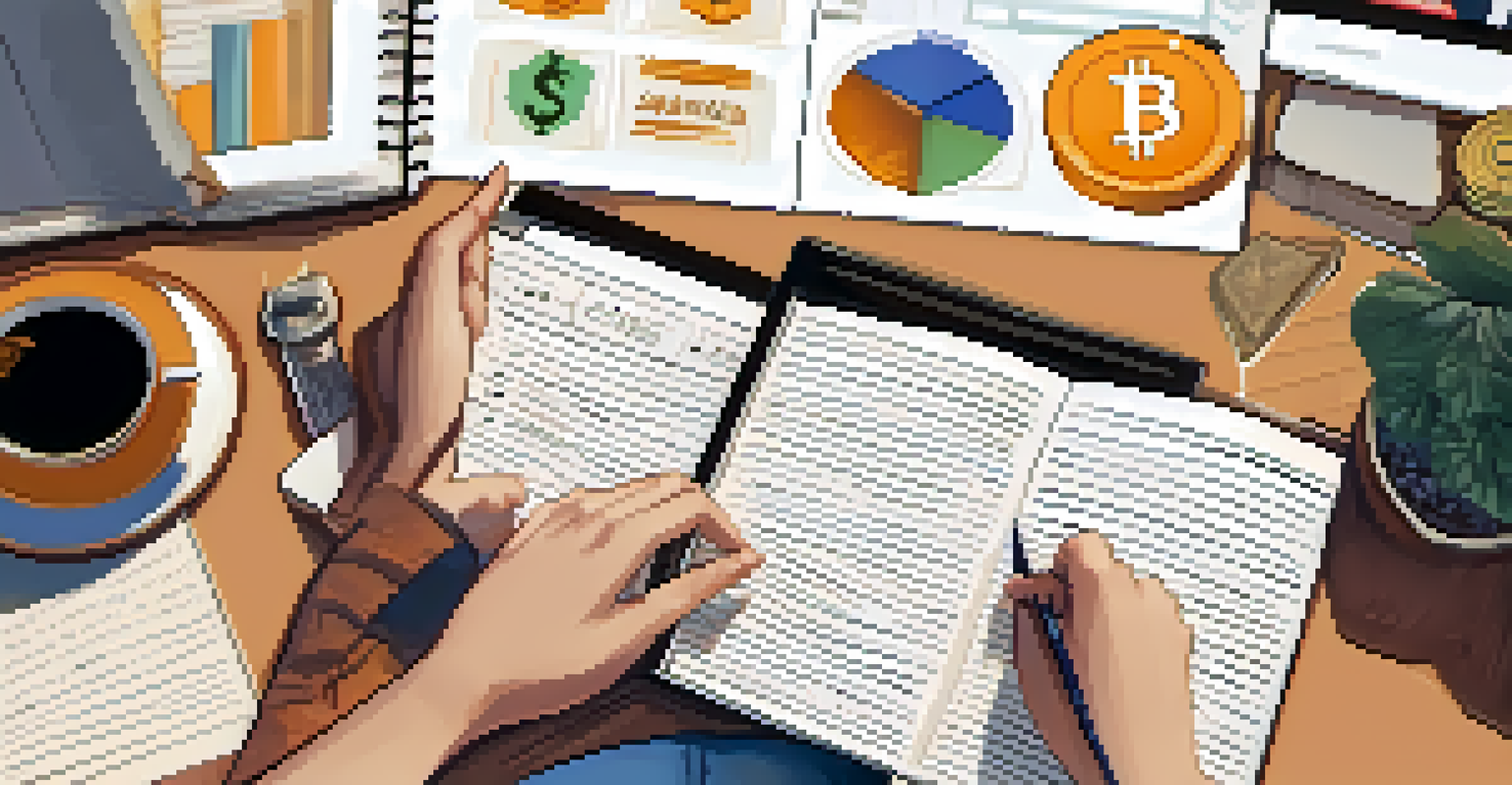 An overhead view of a person studying cryptocurrency on a laptop with books and a coffee cup nearby.