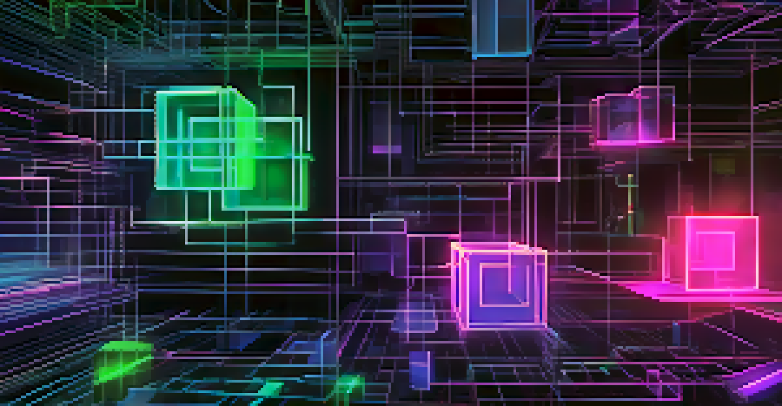 An abstract visual of blockchain technology with glowing blocks and lines against a dark background.