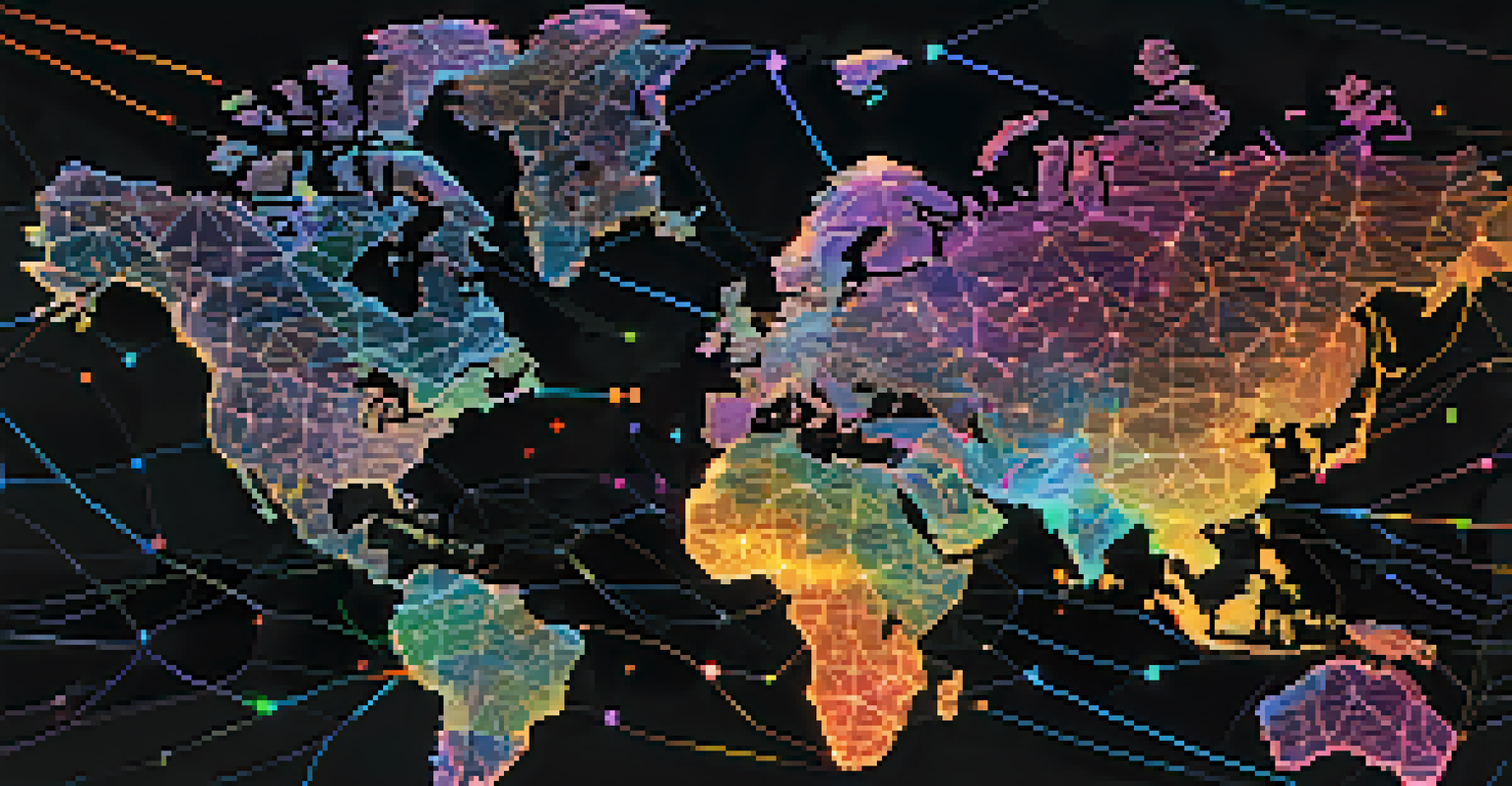 An abstract global map with interconnected nodes and glowing lines representing cryptocurrency transactions.