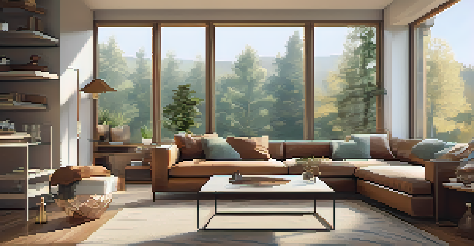 A stylish living room with a laptop displaying a smart contract, illuminated by natural light and decorated with modern furnishings.