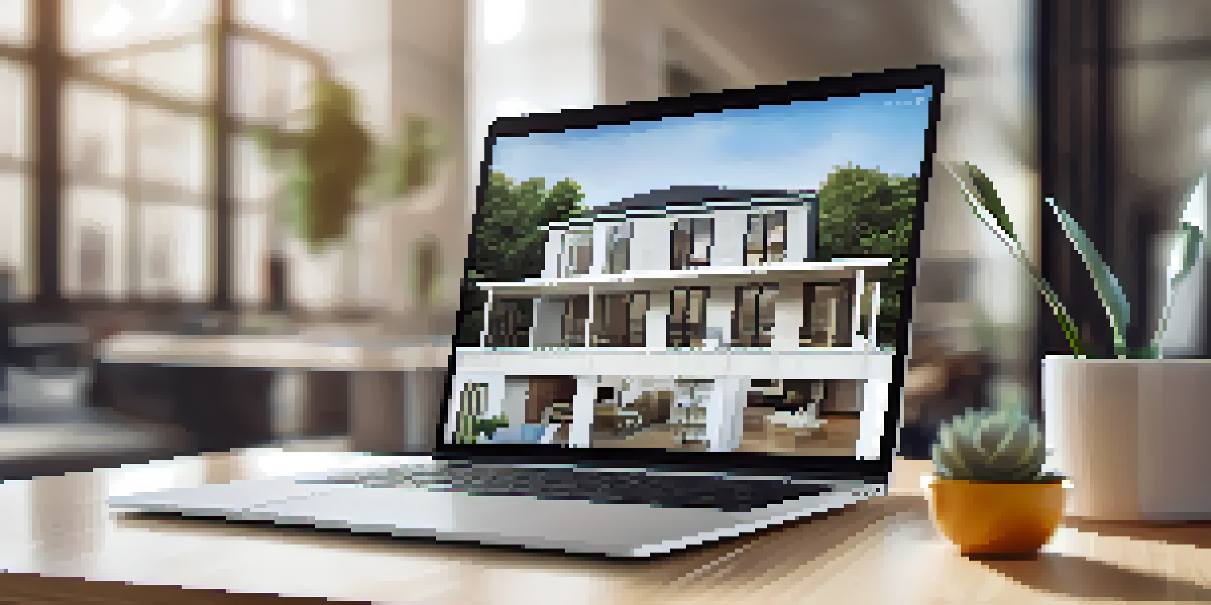 A modern laptop displaying a digital real estate platform interface with property listings in a bright office setting.