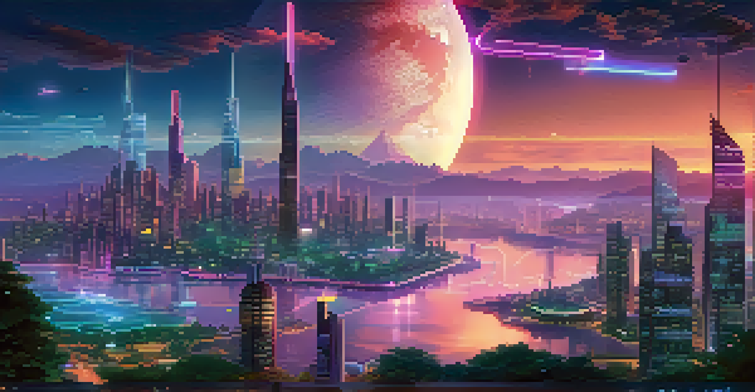 A futuristic city skyline at twilight with digital elements symbolizing decentralized exchanges and cryptocurrencies in the sky.