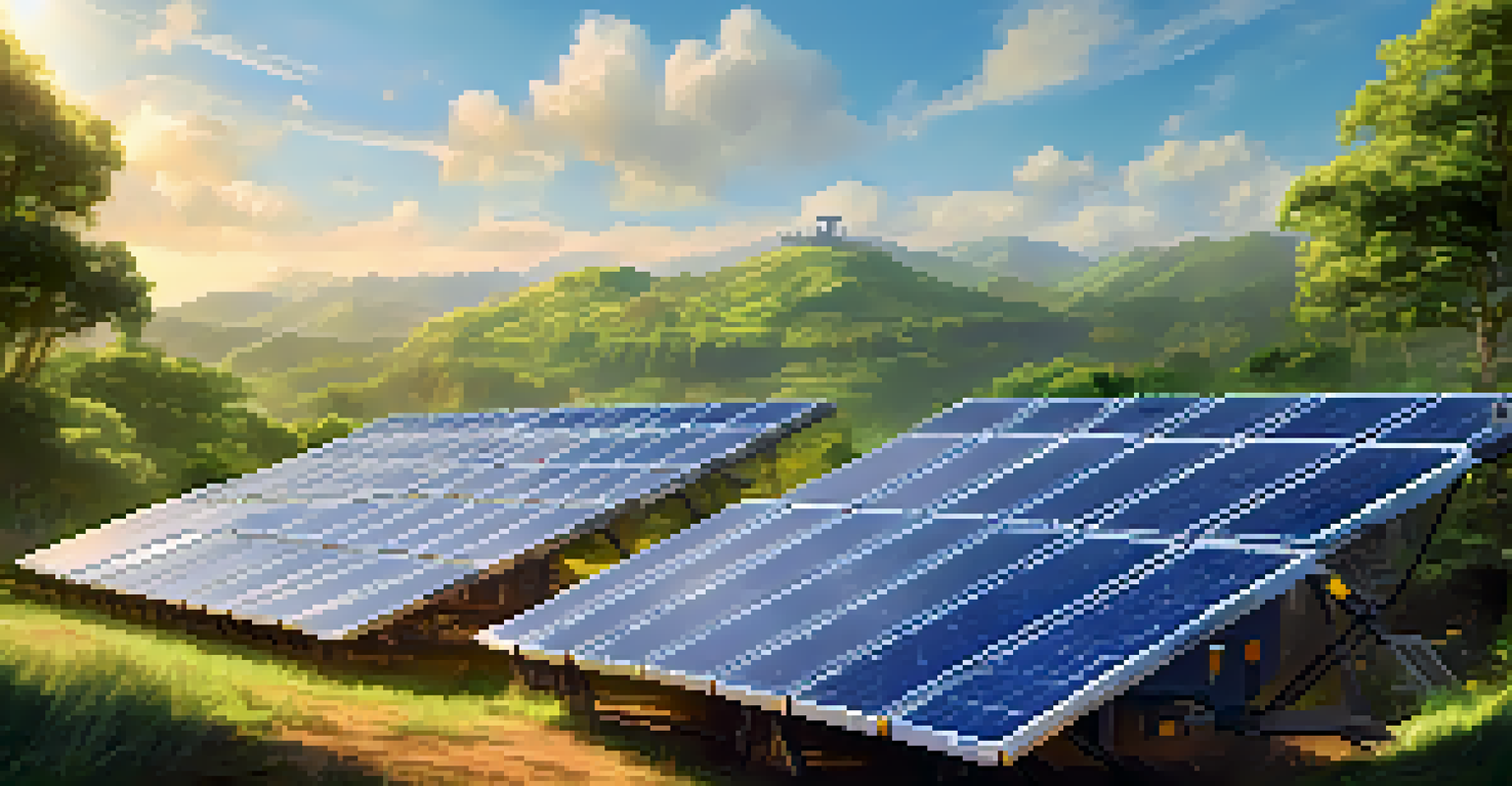 A cryptocurrency mining farm powered by solar panels in a lush green landscape under warm sunlight.