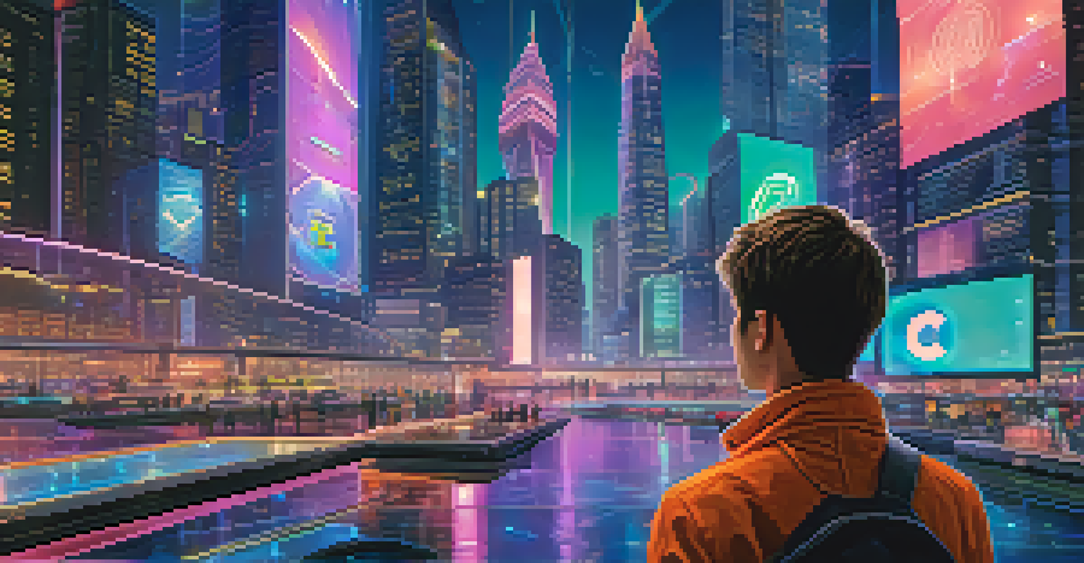 A young person interacting with cryptocurrency on a digital platform amidst holographic displays and a modern city skyline at night with neon lights.