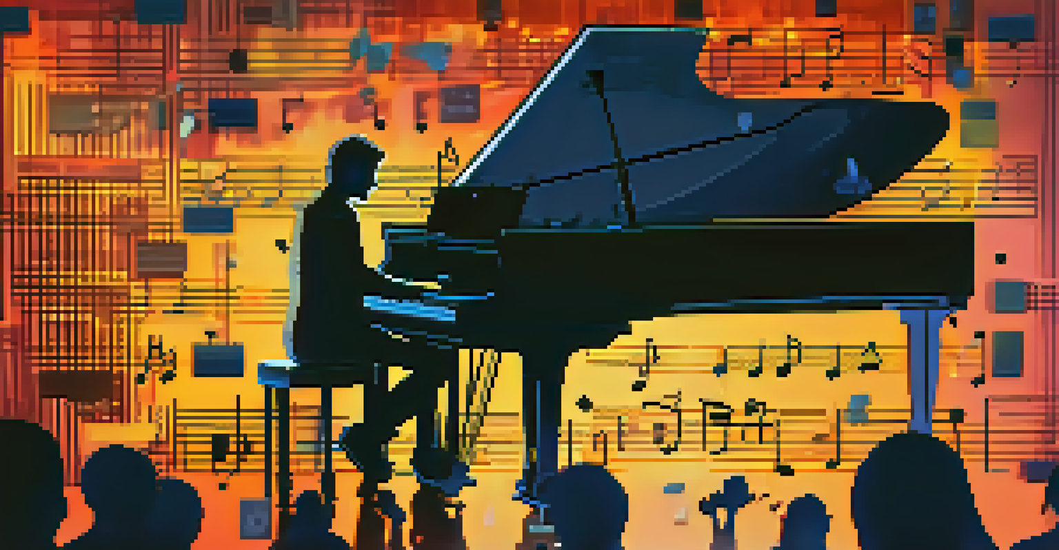 A musician performing on stage with musical notes and a digital screen displaying smart contract code, illuminated by warm stage lights.