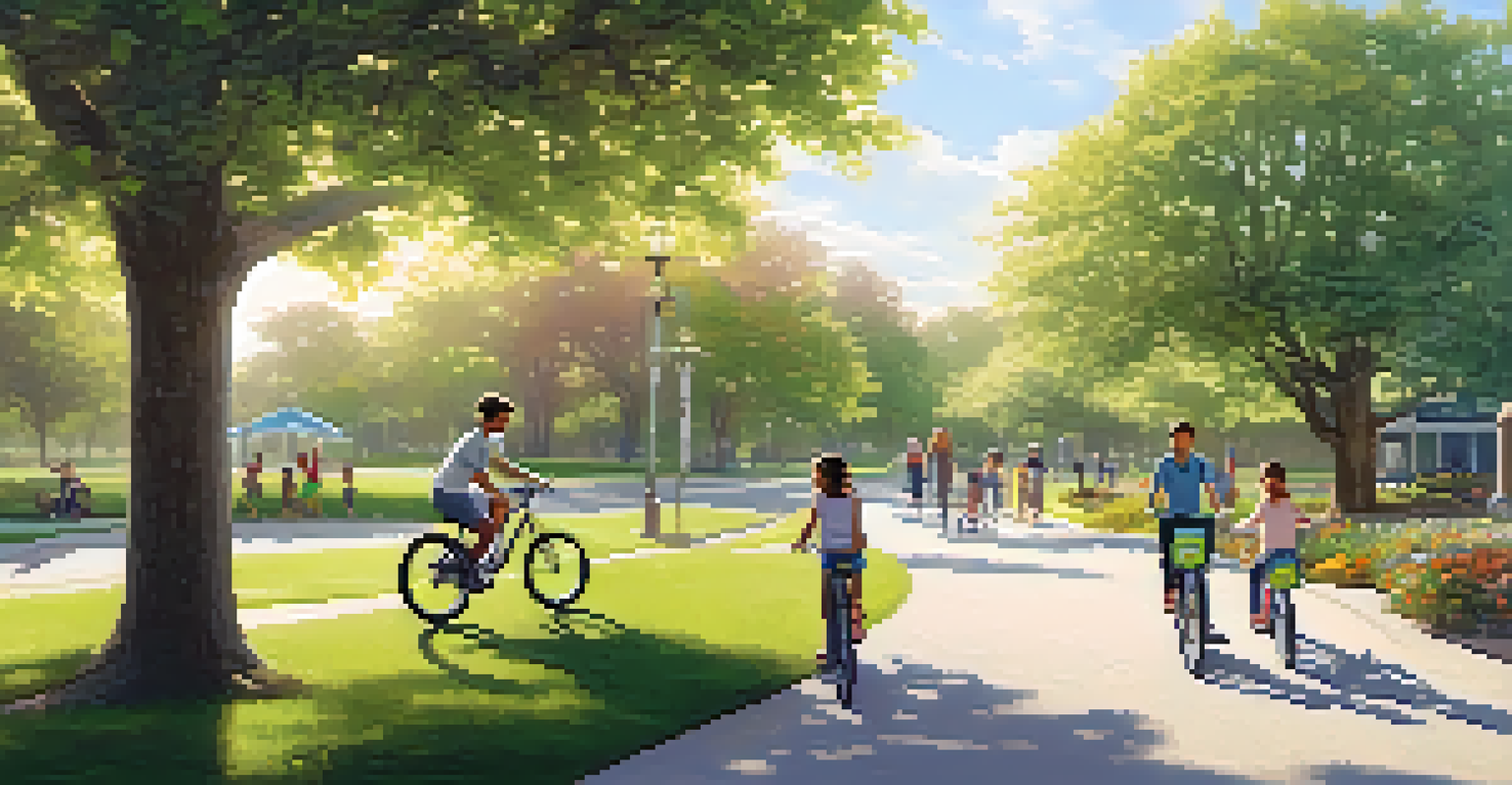 Families riding bicycles in a park with electric vehicle charging stations in the background.