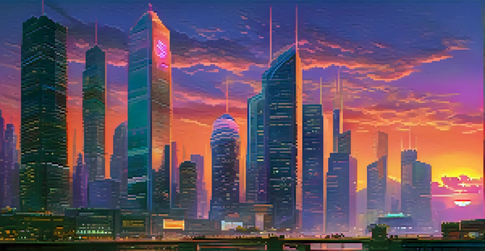 A vibrant city skyline at dusk with neon lights and a mix of traditional and modern architecture.
