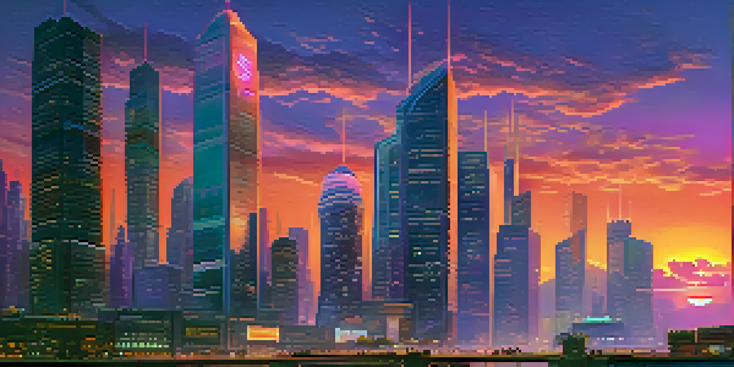 A vibrant city skyline at dusk with neon lights and a mix of traditional and modern architecture.