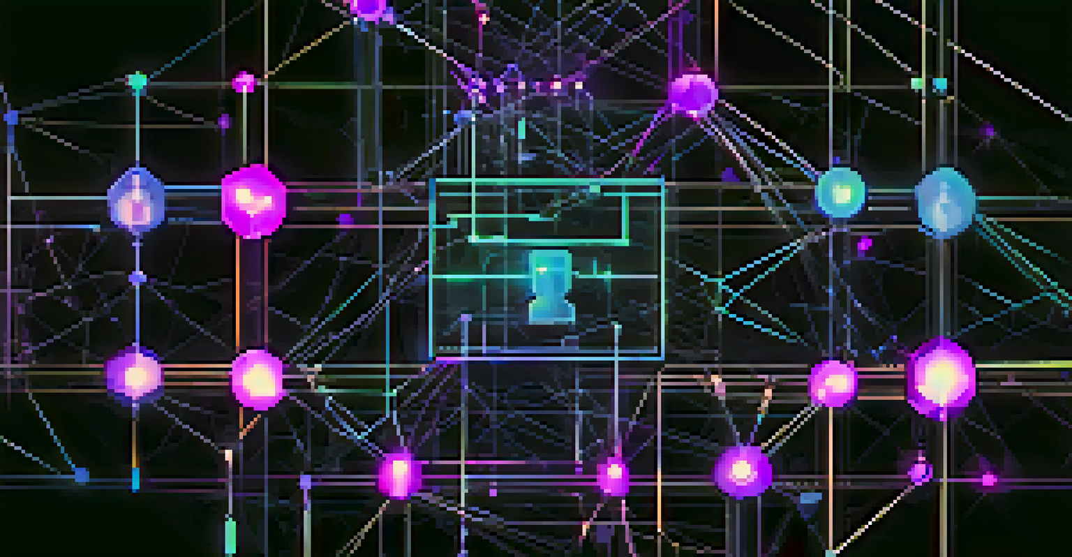 An abstract blockchain network with glowing nodes and security symbols against a dark background.