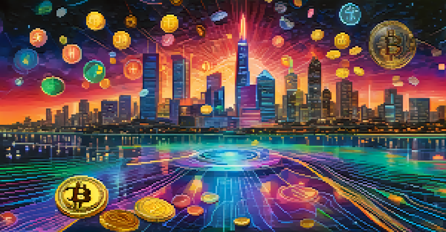 Colorful cryptocurrency coins floating above a futuristic city skyline with neon lights and blockchain symbols.