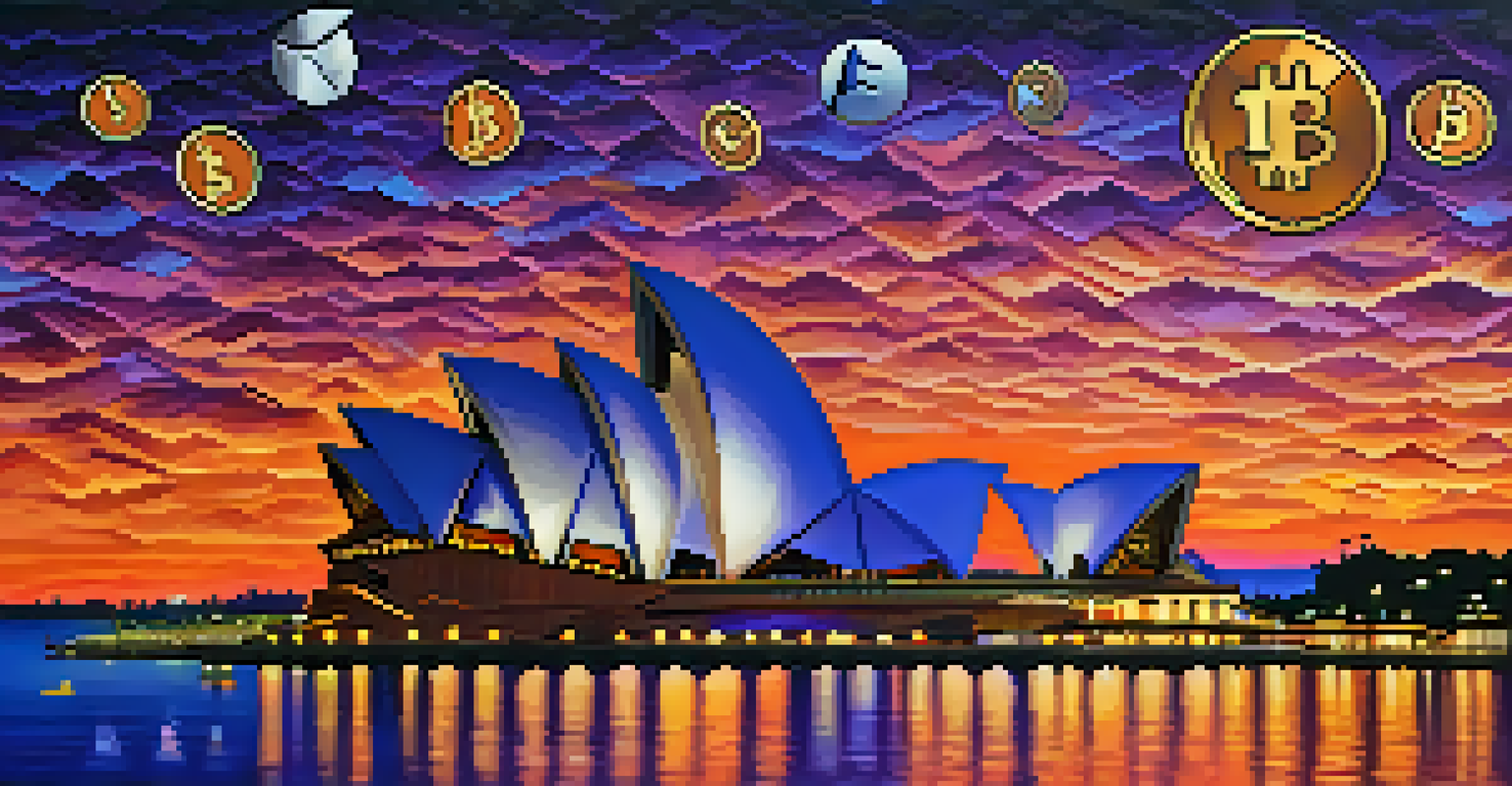 A sunset view of the Australian landscape featuring the Sydney Opera House and digital currency symbols.
