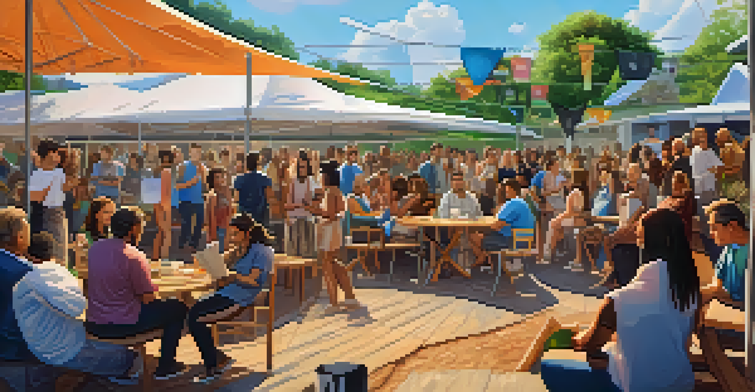 A community gathering outdoors with people discussing cryptocurrency projects, surrounded by banners.