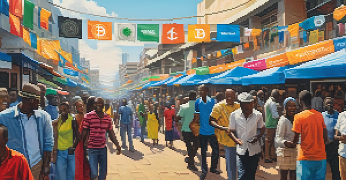 A busy cryptocurrency marketplace in Nairobi with people using mobile devices and colorful banners.
