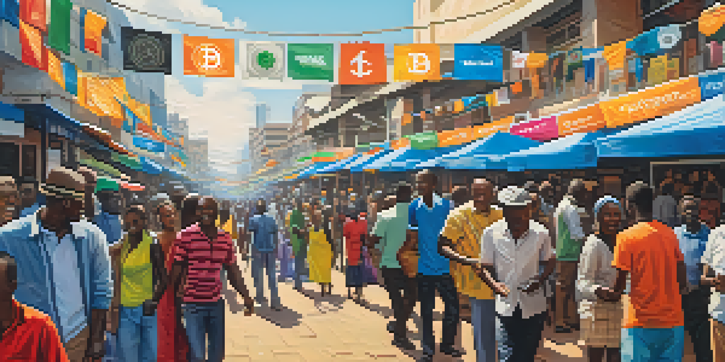 A busy cryptocurrency marketplace in Nairobi with people using mobile devices and colorful banners.
